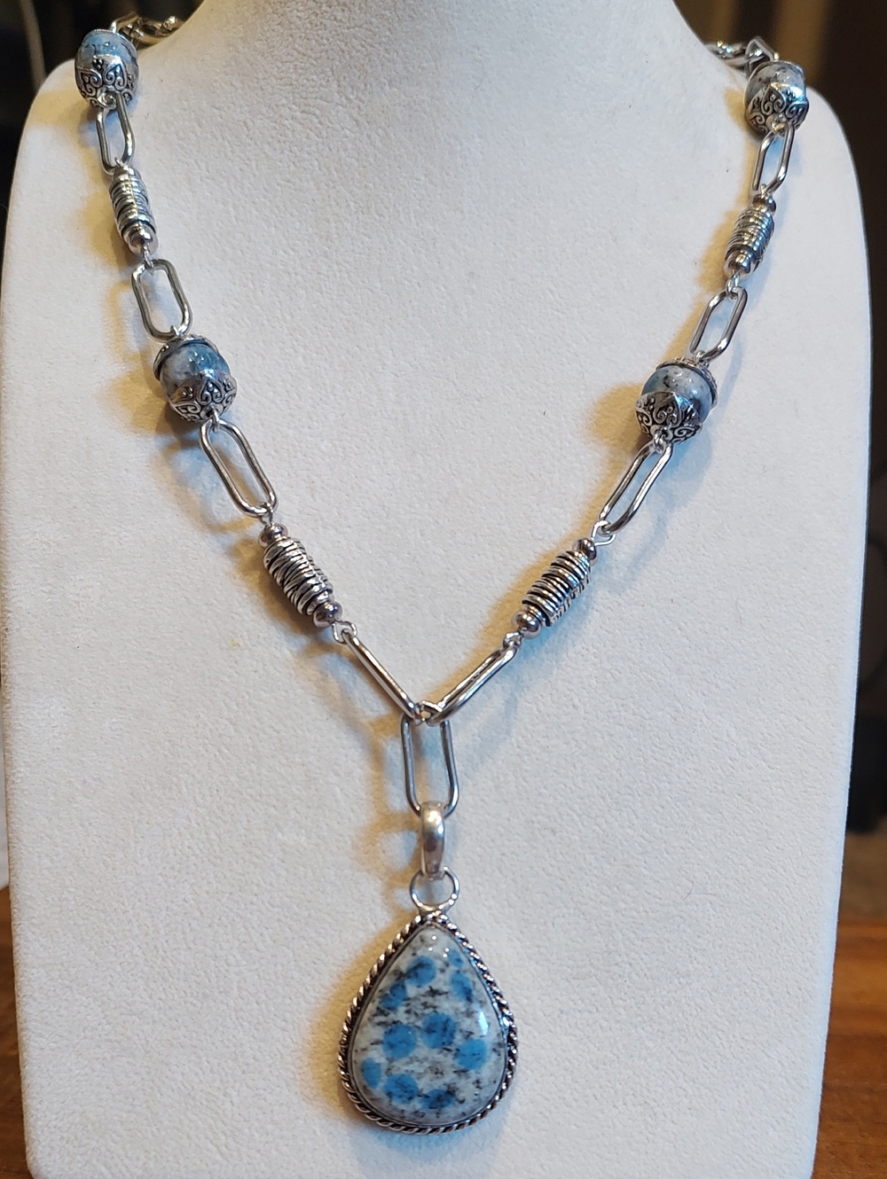 K2 Azurite Pendant Necklace With Paperclip Beaded Chain K2 Beads 19 Inches